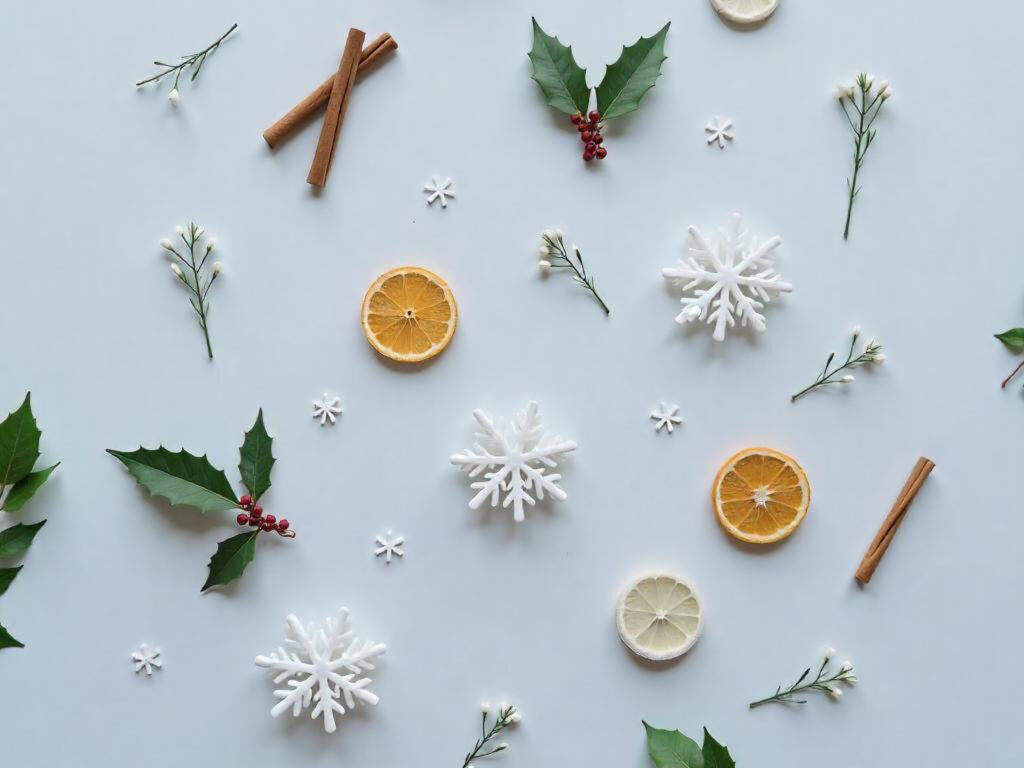Cannelle, flocon, orange dispersé sur un fond blanc pour représenter l'ambiance de Noël