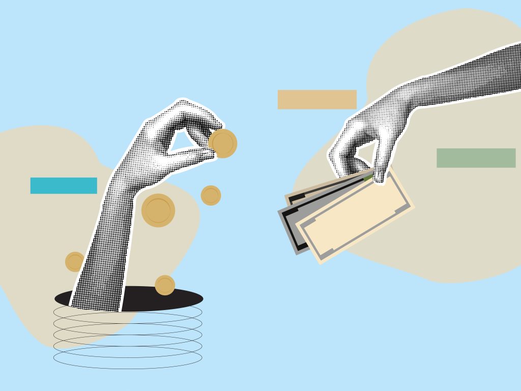 illustration avec une main à gauche avec des pièces et la main de droite des billets