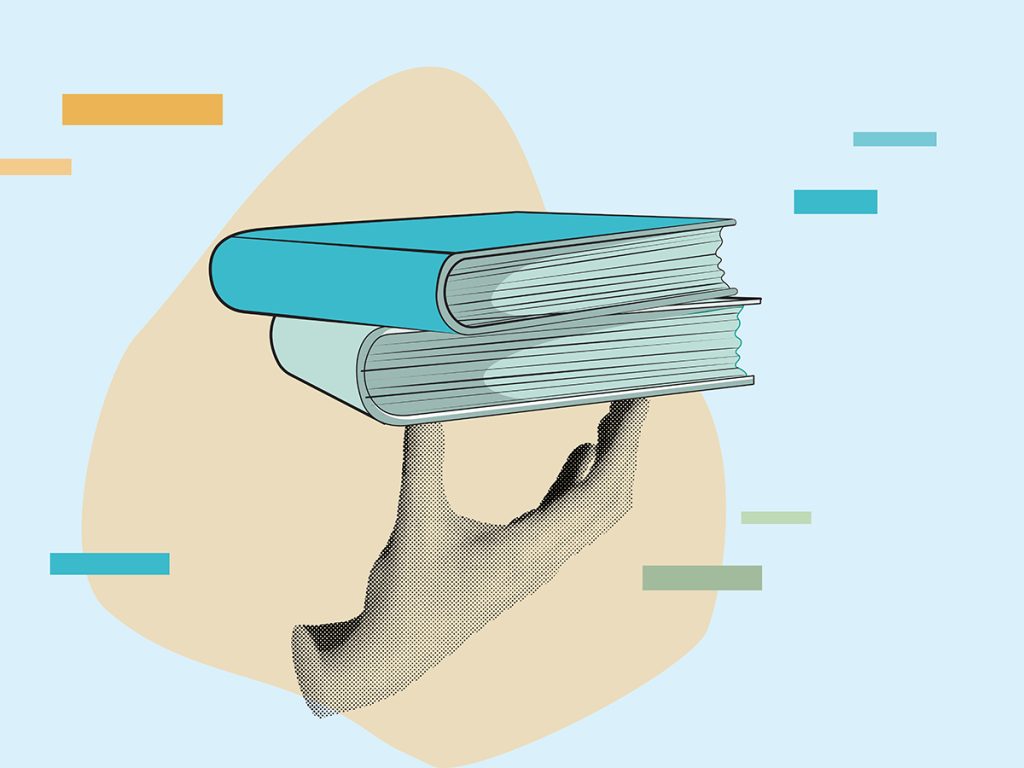 Illustration d'une main qui tient deux livres du bout des doigts