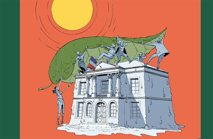 Illustration d'une batisse en train de "fondre" au soleil, avec des personnes sur la maison, qui essaie de protéger le batiment avec une grosse feuille verte